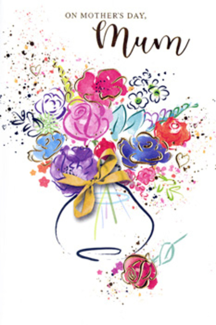 The Mother's Day card artwork presents a joyful, free-flowing bouquet painted in watercolour, as though the artist stood at a workbench in a Peckham flower studio, brush in hand, capturing a favourite arrangement from memory. In the centre of the composition, oversized blossoms in rich cerise, rosy pink, and deep reddish-purple dominate, each bloom composed of broad, sweeping strokes edged in indigo that suggest both movement and structure. Around these, smaller dabs and washes of apricot, soft lilac, and gentle blue drift outward, blending organically into touches of chartreuse and fresh green that hint at leaves and stems without strict outlines. Fine golden lines dance across select petals and foliage, giving them a subtle, shimmering contour that glints like afternoon light touching carefully wrapped bouquets heading out for delivery along Peckham Rye or toward East Dulwich. The flowers gather naturally into a simple vase at the base of the illustration, its curved form painted with translucent layers so it feels light and airy rather than heavy. At the neck of the vase, a slender golden bow ties the composition together, evoking memories of textured ribbon, crinkling tissue paper, and the satisfying final knot a florist makes before sending flowers out the door. Around the main bouquet, the artist has allowed colour to escape into the white background as lively speckles, soft splashes, and tiny hearts, like petals drifting in a gentle breeze. This thoughtful but relaxed artwork feels like a handwritten message in floral form, celebrating the warmth, resilience, and unconditional love of mothers across Peckham and beyond.