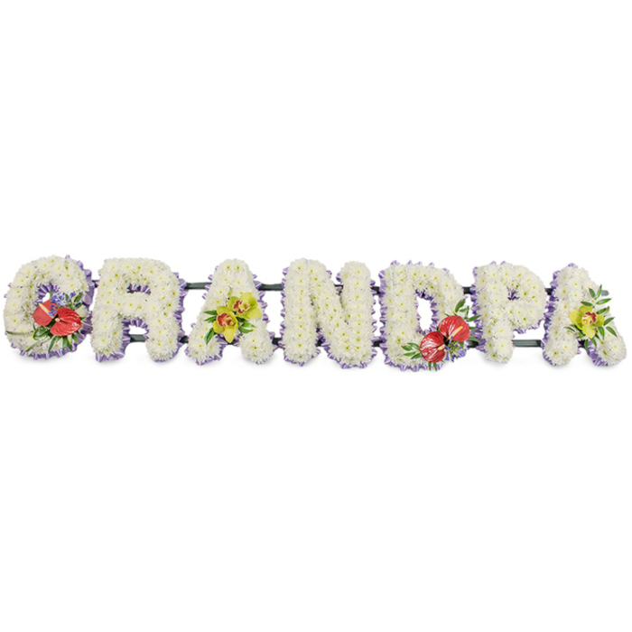 A beautifully crafted funeral flower tribute forms the word "GRANDPA" in sturdy, capital letters arranged in a straight horizontal line, ideal for resting atop a coffin or display stand. Each letter is built from clusters of small, pristine white chrysanthemums, their petals layered like tiny ruffles, creating a thick, cushiony texture from edge to edge. The blooms are arranged in a uniform, slightly domed profile so the word appears full and abundant, with a soft glow against the plain white background. Around the lower border of every letter runs a trim of pale lavender ribbon, barely visible from above but peeping out just enough to trace the silhouette of each character, adding subtle colour and a touch of refinement. The letters are mechanically supported by dark green bars, which provide structure while remaining largely hidden under the flowers, ensuring the tribute looks clean and seamless when delivered to a Peckham church or funeral home. Vivid focal sprays interrupt the white with meaningfully chosen shades. On the far-left "G," a cluster of deep red anthuriums, their heart-shaped, waxy petals and yellow spadices glistening, nestle into glossy green foliage, symbolising enduring love. The first "A" and the final "A" on the right carry sprays of yellow-green orchids, their elegant, open blooms and arching stems introducing a sense of quiet sophistication and life continuing. The middle-right "D" repeats the strong impact of the "G" with another grouping of crimson anthuriums and rich greenery. This personalised floral lettering would be chosen by a family in Peckham seeking a bespoke memorial for a beloved grandfather, offering a serene, respectful, and heartfelt expression of farewell.