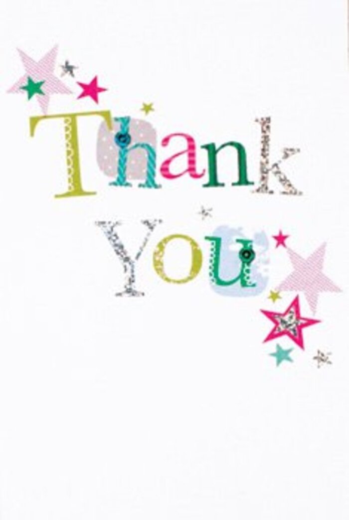 Set against an immaculate white background, this thank you card cultivates an atmosphere of understated festivity-much like a quiet stroll through the artful corners of Peckham Rye. The letters in 'Thank You' are gracefully arranged, each one shining in its own hue: some with playful dots or whimsical stitched edges, others with elegant, near-calligraphic lines touched by sparking silver. Star motifs in bright turquoise, fuchsia, and metallic silver gather near the message, lending a sense of blessing and abundant cheer that recalls the vibrant street art and creativity around Bellenden Village. The composition is airy and modern, letting the motto of gratitude breathe amidst a sprinkle of sparkling stardust. This card balances sophistication with accessibility-warm without being overly formal, refined yet playfully inviting, just like the community spirit of local artists on Rye Lane. It's easy to imagine this card nestled among a hand-tied bouquet arranged by Flowers Peckham, the textures of shimmering ink and paper echoing the freshness of just-cut freesia or snapdragons. The heartfelt sentiment and visual artistry serve as a keepsake of gratitude, perfect for extending thanks after a meaningful community gathering or a surprise delivery to a friend nearby.