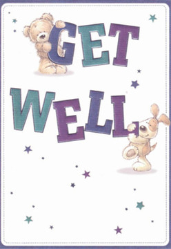 Inviting and joyful, the artwork on this get well card brings to mind lazy afternoons wandering the lanes of Peckham, where simple kindness is always in bloom. The illustration centres around two charming friends-a velvety brown bear perched with balance and purpose atop the rounded letters spelling 'GET', and below, a spirited puppy with drooping ears and a warm, friendly gaze, gently nudging the boldness of 'WELL' in hues of deep teal. The texture of their fur appears almost tangible, inviting the same comfort as a cup of tea in a local Peckham café. Around them, a constellation of soft blue and purple stars floats against a clean, eggshell-white background, their twinkle reflecting the promise of brighter days. Every detail is placed with care, echoing the thoughtful artistry seen in arrangements from Flowers Peckham for those recovering on Choumert Road. The confident, playful script leaps forward yet remains grounded in softness, much like the gentle encouragement one finds among friends and neighbours here. This card blends whimsical innocence with hope, bearing a visual wish for healing and companionship, perfect for sending alongside a fresh, cheerful bouquet that brightens even the toughest days.